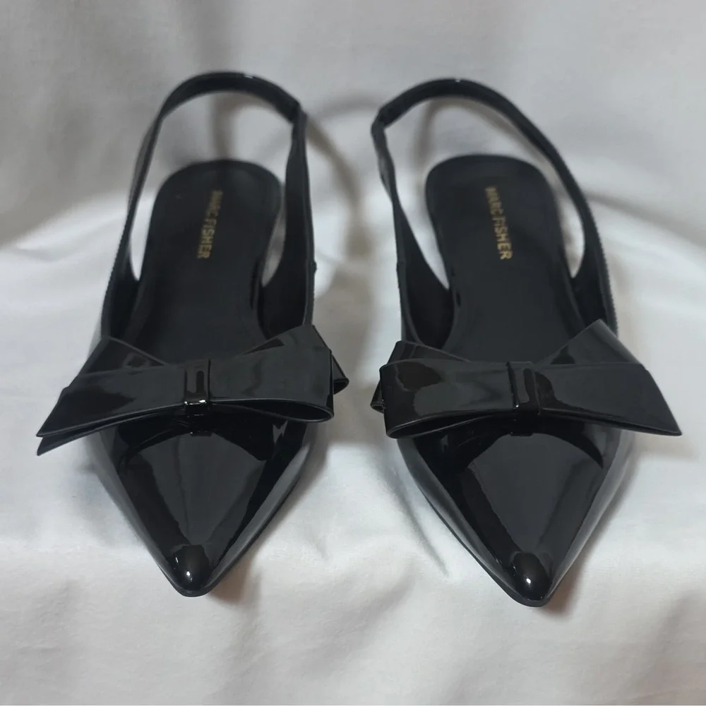 NWOT Marc Fisher Black Patent Leather Bow Pointed Toe Slingback Heels 9M